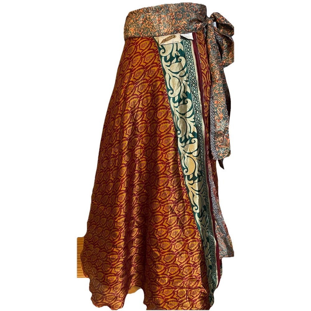Kariza Vintage Reversible Wrap Maxi Skirt OS Layered Blue Gold Red Boho Peasant - Picture 2 of 14